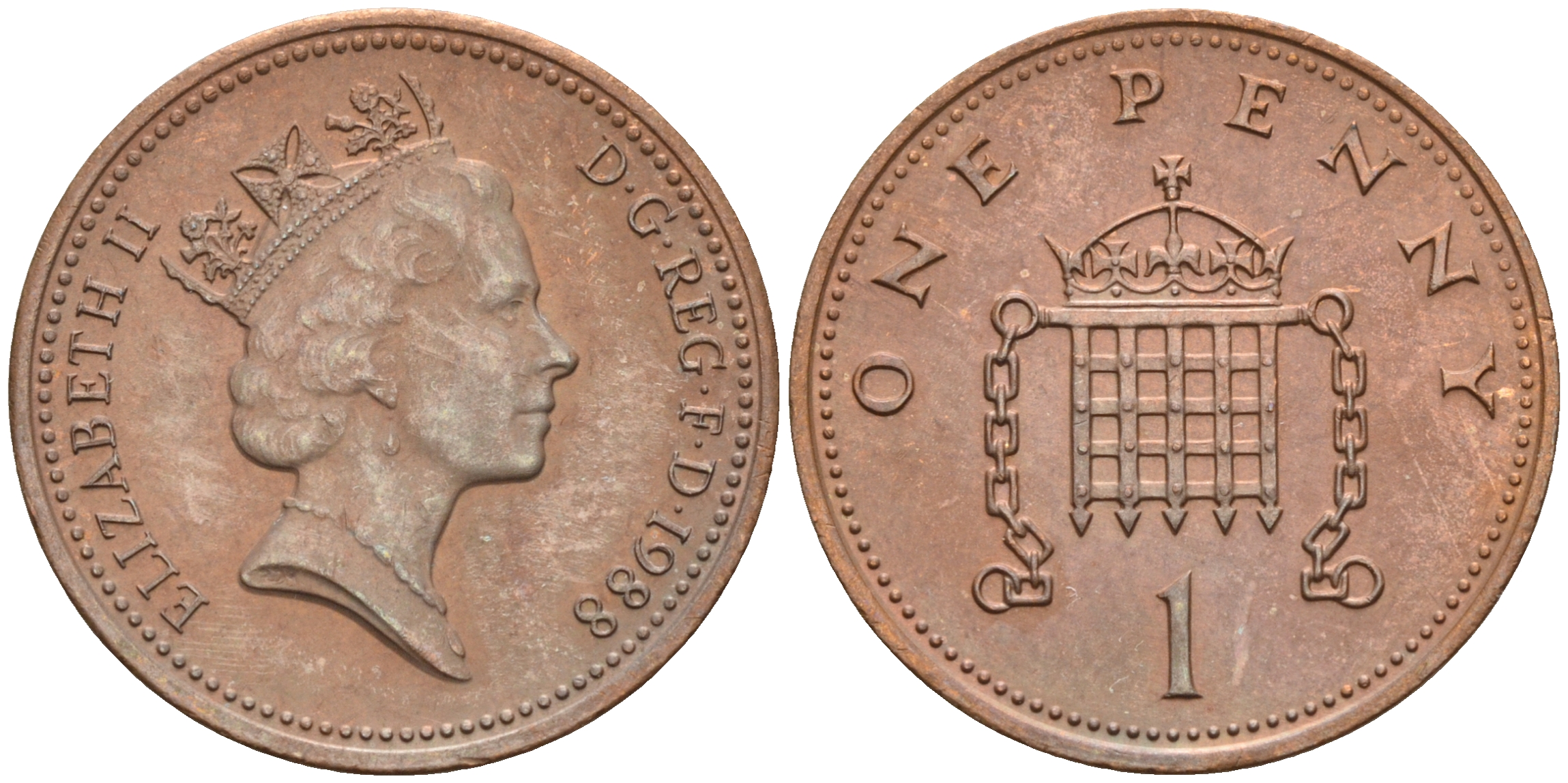 Великобритания 1 пенни 1988 Елизавета II (1952-2022) KM 935, Spink 4381 (B3) бронза 4594-122