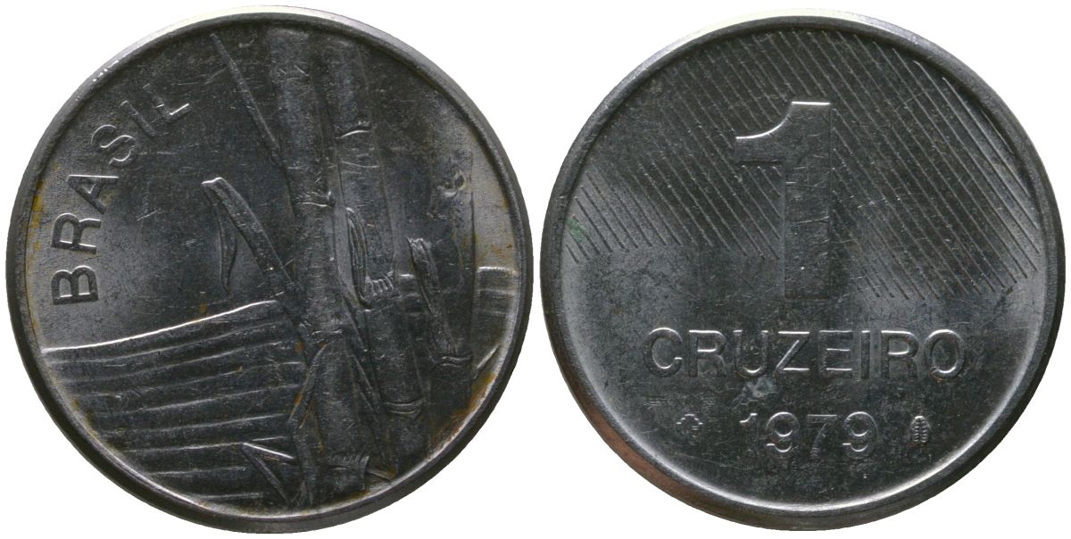 Бразилия 1 крузейро 1979 KM 590, Schon 99 нержавеющая сталь aUNC 4567-969