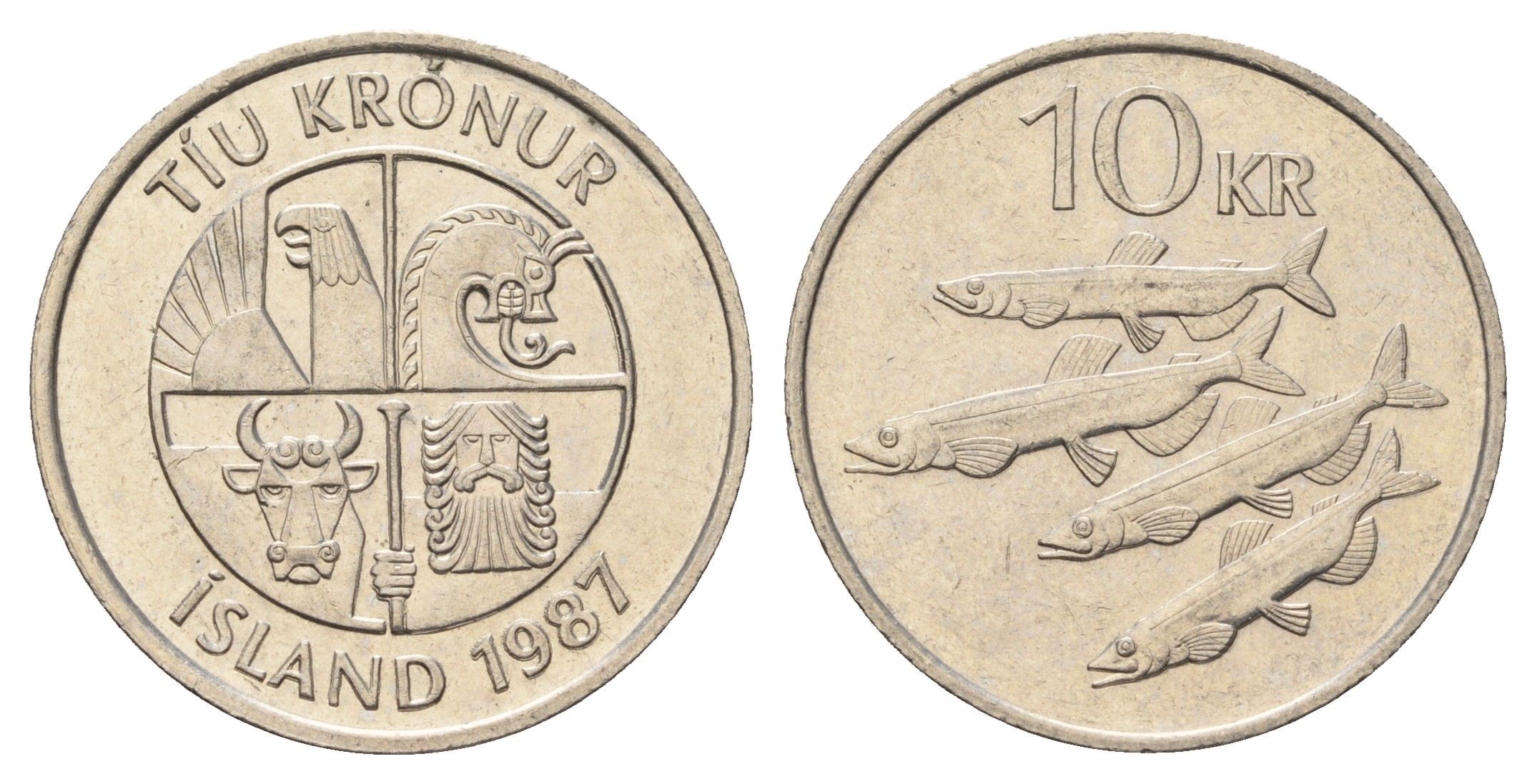 Исландия 10 крон 1987 рыбы KM 29.1 медно-никель 4691-236