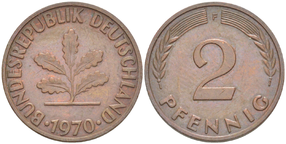 ФРГ 2 ПФЕННИГА 1970 F KM 106а, J. 381а сталь плакированная сталь плакированная медьюю 4181-761