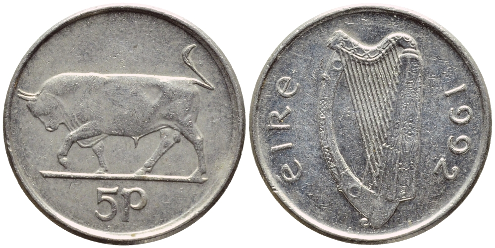 ИРЛАНДИЯ 5 ПЕНСОВ 1992 БЫК KM 28 медно-никель 4396-515