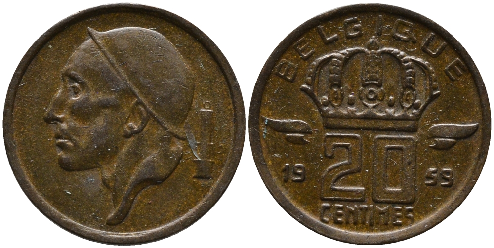Бельгия 20 сантимов 1959 Belgique, Бодуэн I (1951-1993) KM 146 бронза 99-368