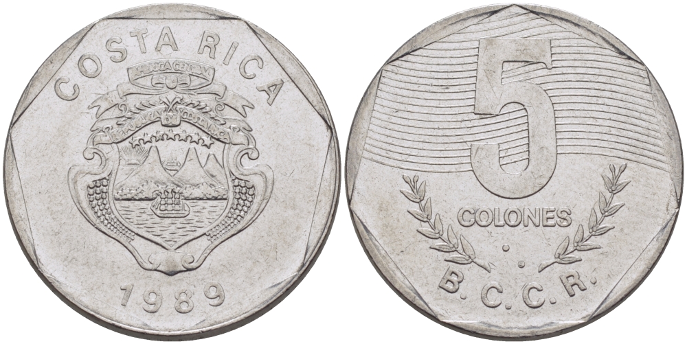КОСТА-РИКА 5 КОЛОН 1989 v KM 214.1 нержавеющая сталь 67-956