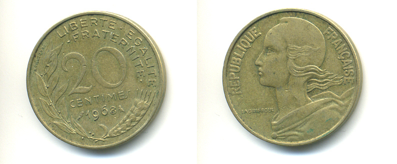 ФРАНЦИЯ 20 САНТИМОВ 1968 ТИП MARIANNE KM 930, LE FRANC 156.8 алюминиевая бронза 86-1736