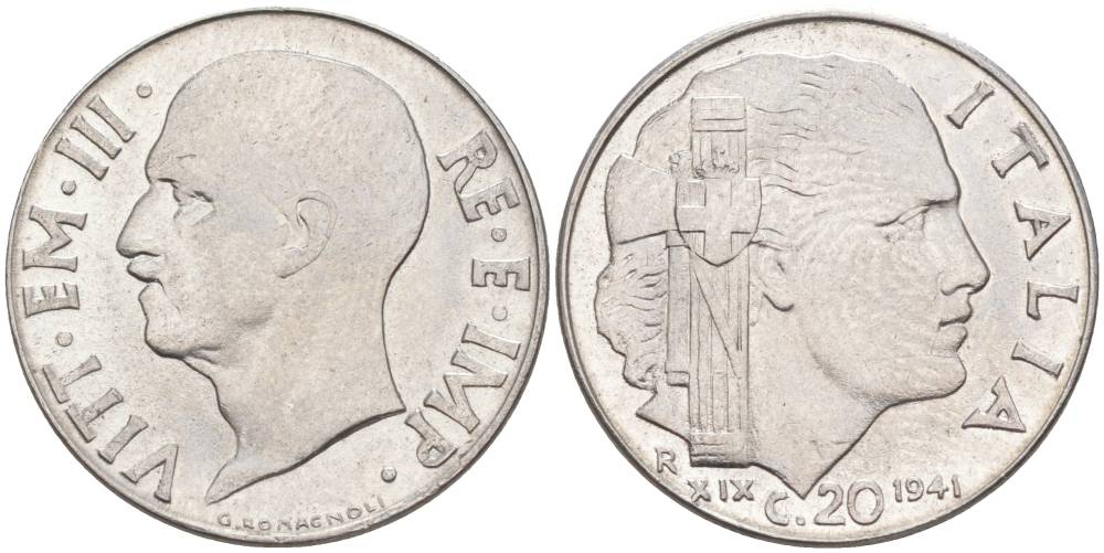 ИТАЛИЯ 20 ЧЕНТЕЗИМО 1941 R, ГОД XIX, ВИКТОР ЭММАНУИЛ III (1900-1946) KM 75b, VEM3. 1028 нержавеющая сталь 3853-933