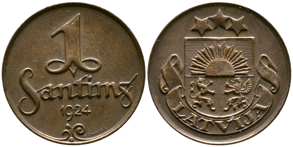Латвия 1 сантим 1924 первая Республика (1918-1939) KM 1 бронза 86-417
