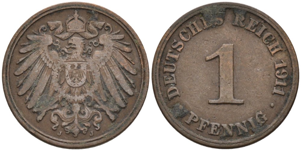Германия 1 пфенниг 1911 J KM 10, J. 10 медь 4576-163