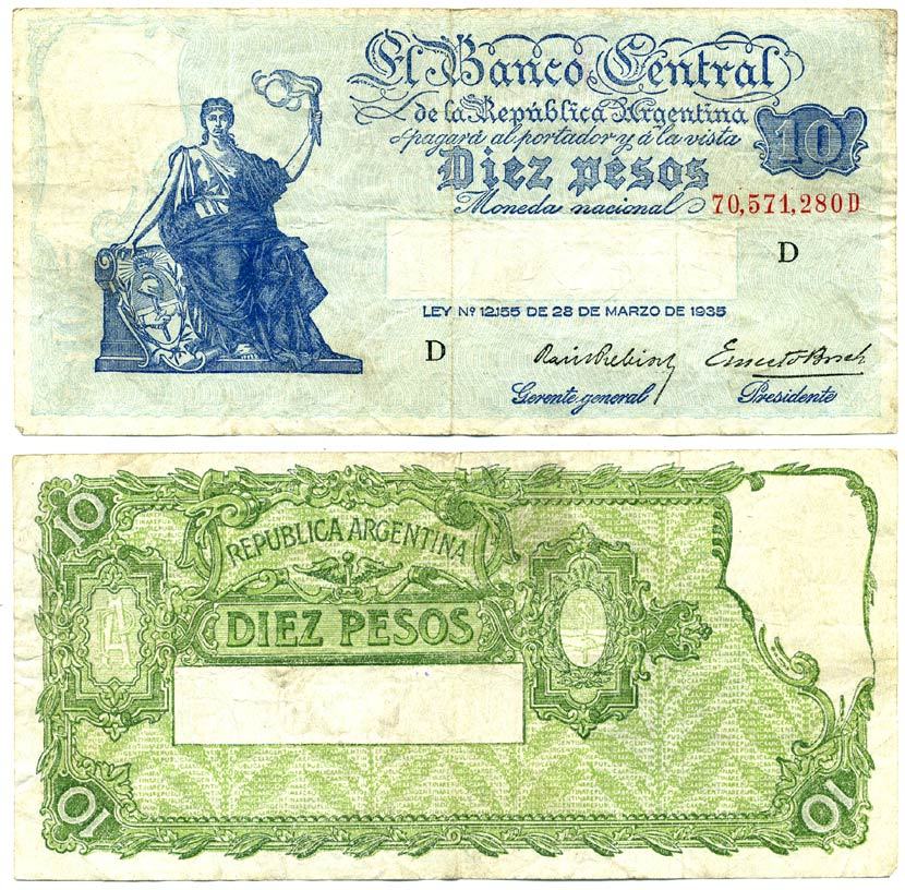 АРГЕНТИНА 10 ПЕСО 1940 ГОЛУБАЯ БУМАГА, СЕРИЯ D, НОМЕР 70571 Pick 253a бумага 7485-25-1