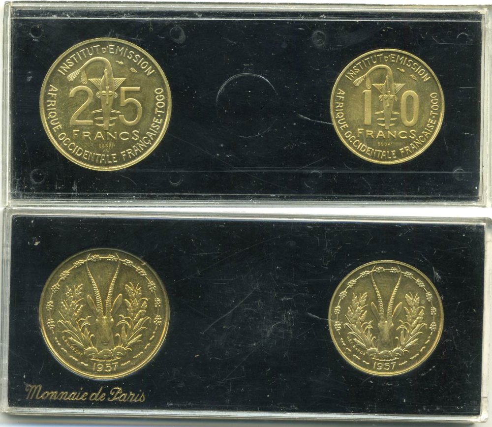 Французская Западная Африка 10 и 25 франков 1957 пробники, ESSAI KM E6, KM E7 алюминиевая бронза UNC 7-4-1-27