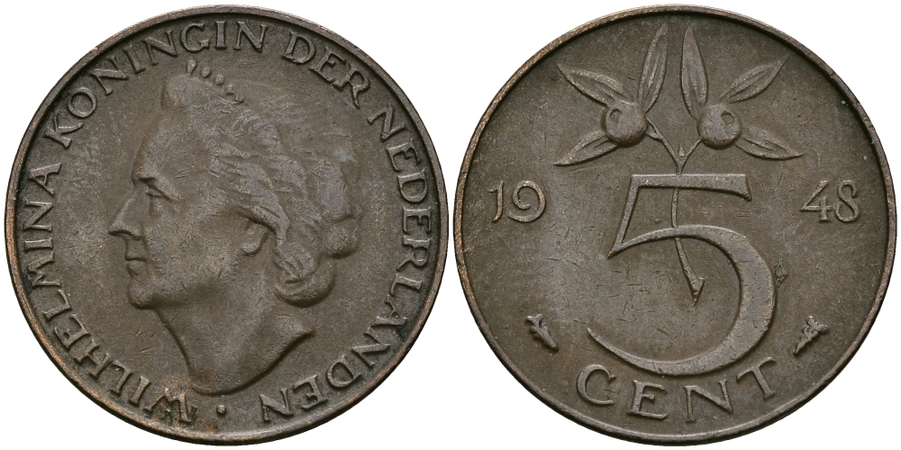 НИДЕРЛАНДЫ 5 ЦЕНТОВ 1948 ВИЛЬГЕЛЬМИНА KM 176 бронза 95-217