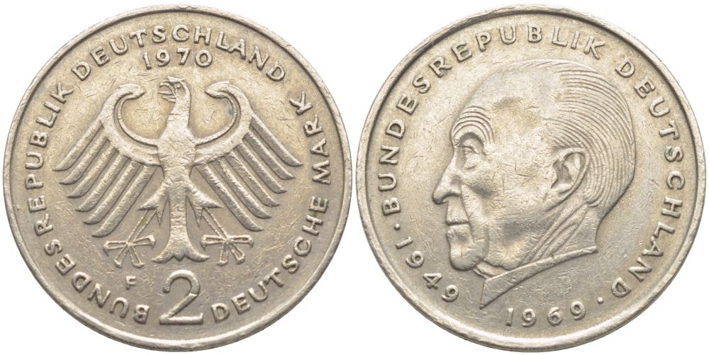 ФРГ 2 МАРКИ 1970 F, КОНРАД АДЕНАУЭР KM 124, J. 406 медно-никель плакированный никелем 3856-242
