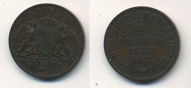 Баден 1 крейцер 1871 победа в войне с Францией KM 252, Wielandt 1134, AKS 141, J. 88 медь 36-1236