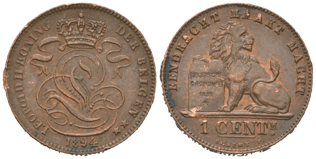 Бельгия 1 сантим 1894 Belgen, Леопольд II (1865-1909) KM 34.1 медь aUNC 4621-641