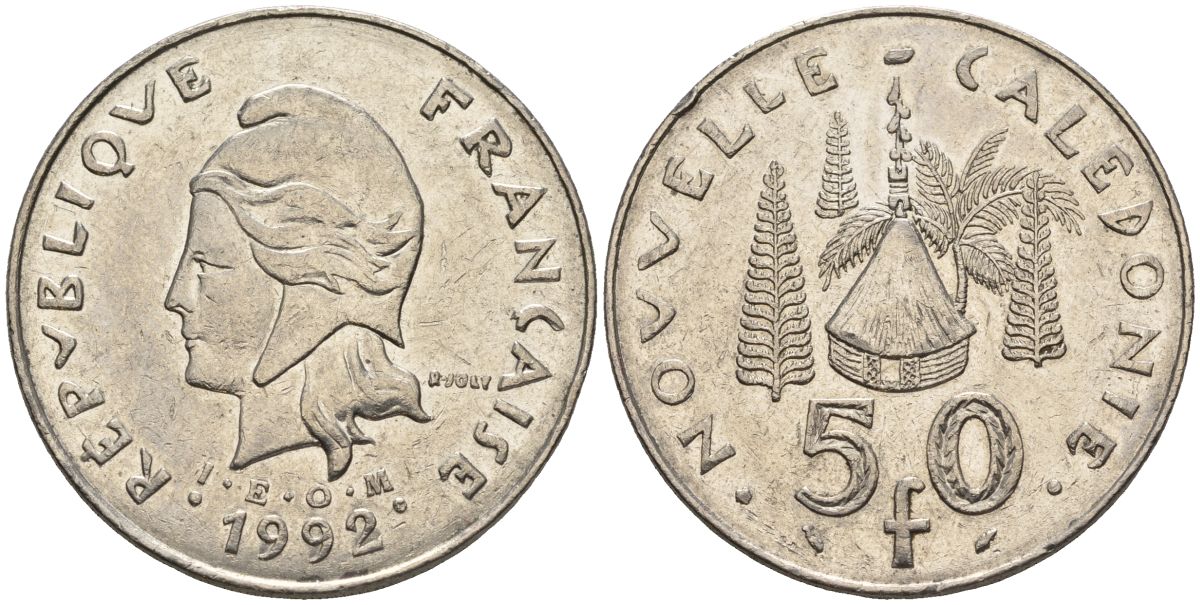 Французская Новая Каледония 50 франков 1992 хижина среди сосен и пальм, (IEOM) KM 13, Schoen 15, Lec 121 никель 4123-315