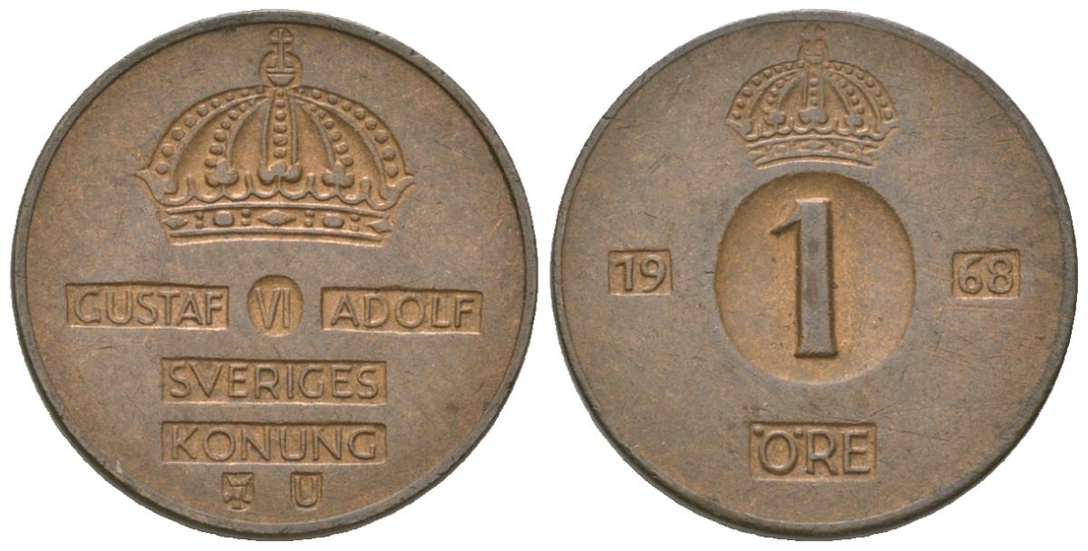 Швеция 1 эре 1968 U, Густав VI Адольф (1950-1973) KM 820 бронза aUNC 4617-1149