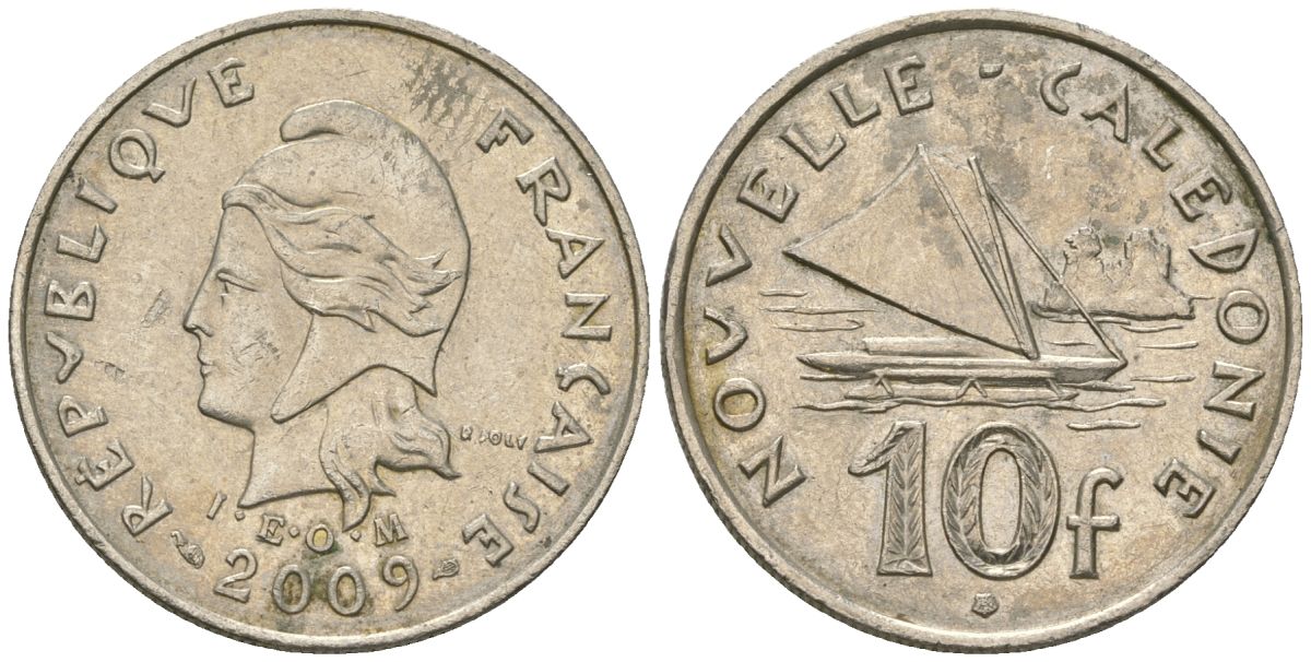 Французская Новая Каледония 10 франков 2009 рыбачья парусная лодка, (IEOM) KM 11a, Schoen 13a, Lec 99k медно-никель 62-1227