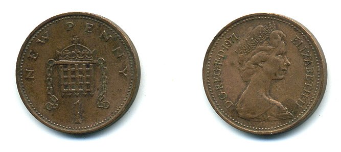 Великобритания 1 пенни 1971 Елизавета II (1952-2022) KM 915, Spink 4237 (B1) бронза 4110-717