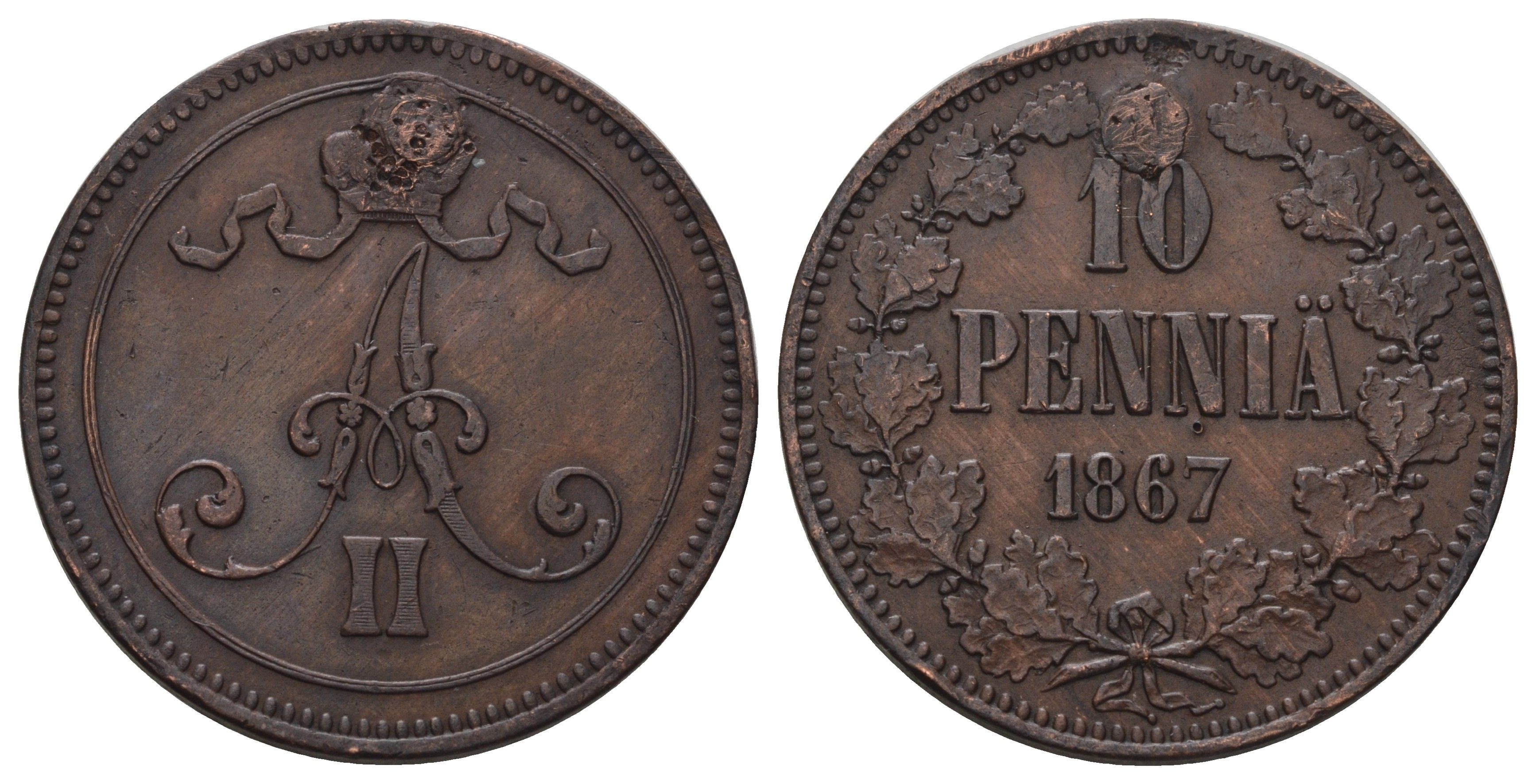 Россия для Финляндии 10 пенни 1867 Александр II (1855-1881) Биткин 653 медь 4590-1025