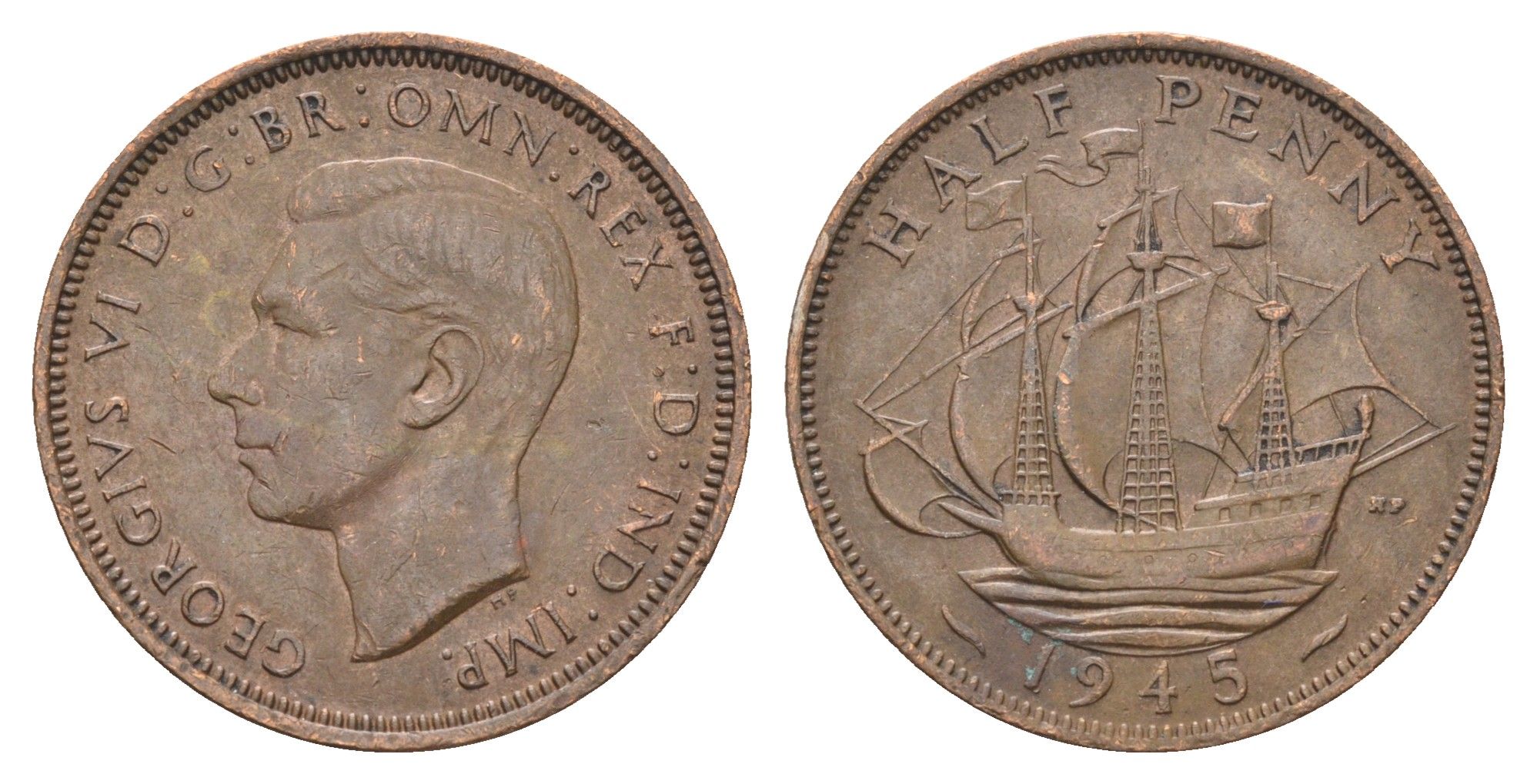 Великобритания 1/2 пенни 1945 Георг VI (1936-1952) KM 844, Spink 4115 бронза    4660-622