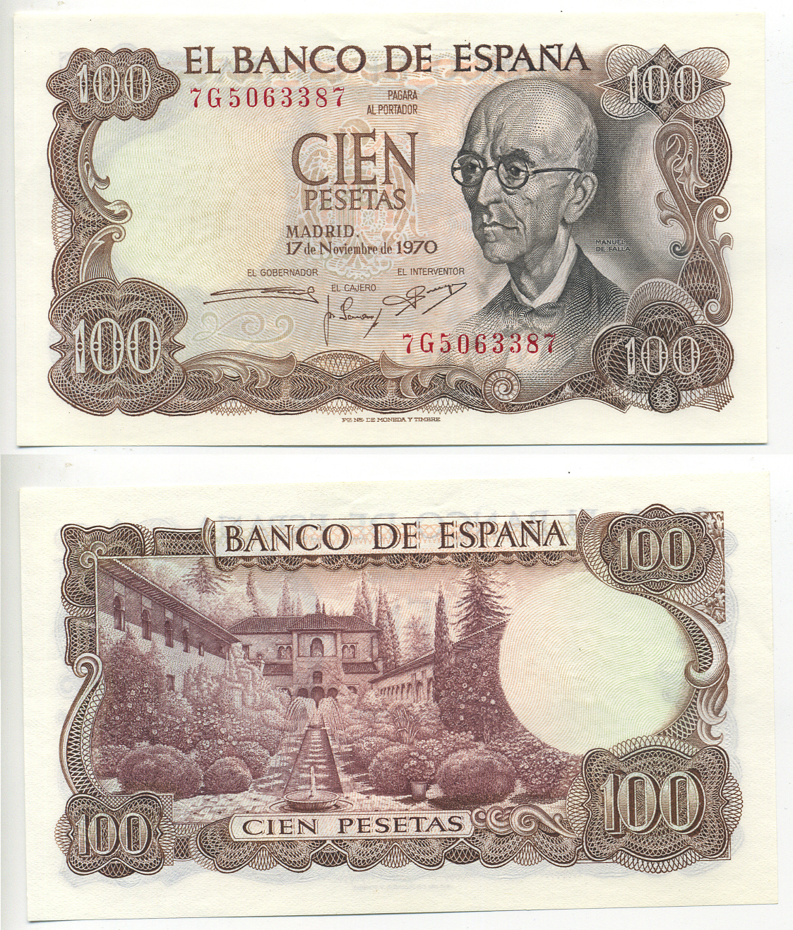 Испания 100 песет 1970 Мануэль де Фалья, летняя резиденция Мавританских королей в Гренаде Pick 152а  бумага UNC (пресс) 6278-9-3