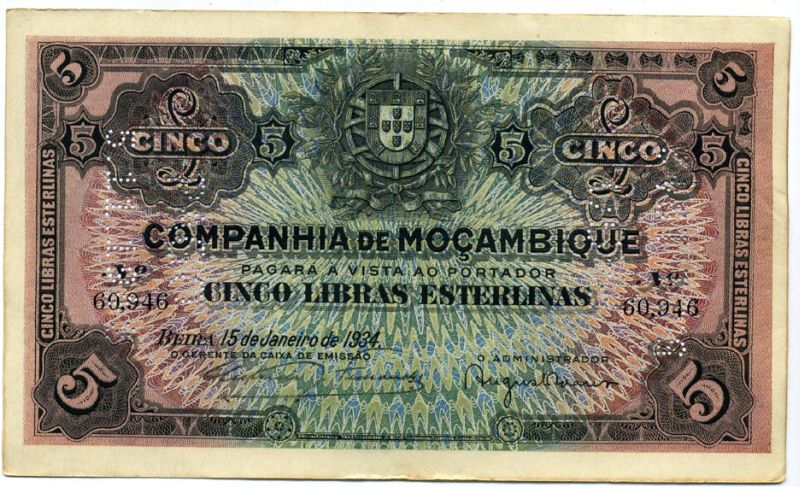Мозамбик, Португальский 5 либрас эстерлинг (фунтов стерлингов) 1934 15 января 1934, перфорация PAGO 5.11.1942 Pick R32 бумага aUNC 00-00