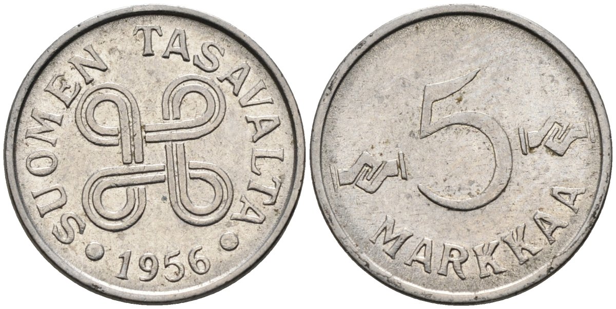 Финляндия 5 марок 1956 KM 37a никелированное железо 4585-927