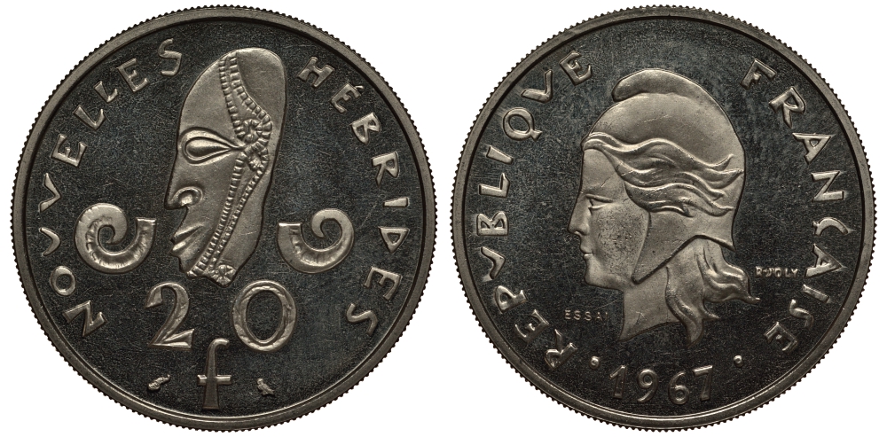 Французские Новые Гебриды 20 франков 1967 пробный выпуск, ESSAI KM E3 никель 272-114
