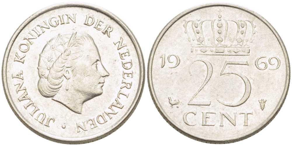 Нидерланды 25 центов 1969 Юлиана (1948-1980) KM 183 никель 214-955