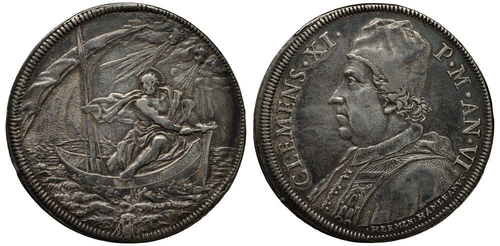 Ватикан 1 пиастр ANN VI (1705/1706) Климент XI, святой Петр, хождение по воде Dav. 1436, Muntoni 47 серебро 10-005-32