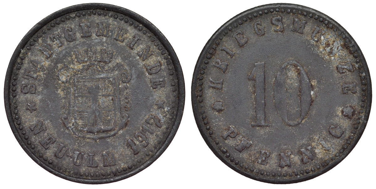 Германия, Ной-Ульм 10 пфеннигов 1917 Бавария, нотгельд Funck 378.2a? цинк 4119-852