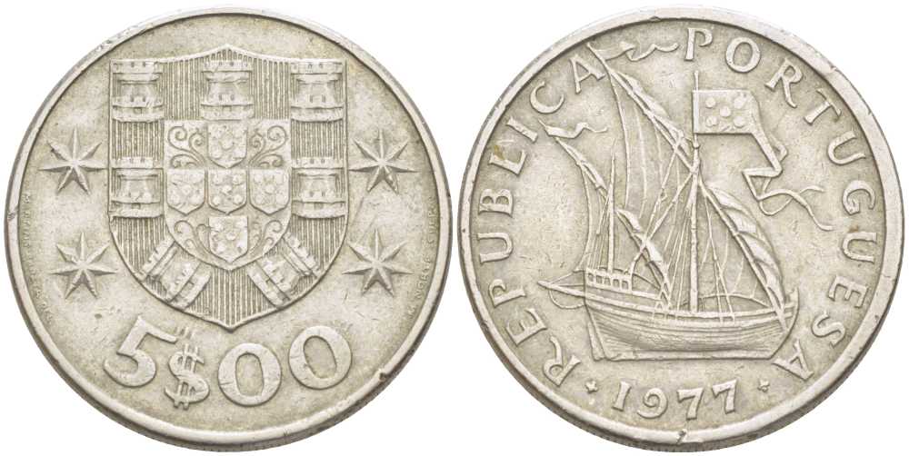 ПОРТУГАЛИЯ 5 ЭСКУДО 1977 ПАРУСНИК KM 591 медно-никель 213-254
