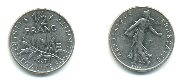 ФРАНЦИЯ 1/2 ФРАНКА 1977 СЕЯТЕЛЬ KM 931.1, LE FRANC 198.16 никель 25-946