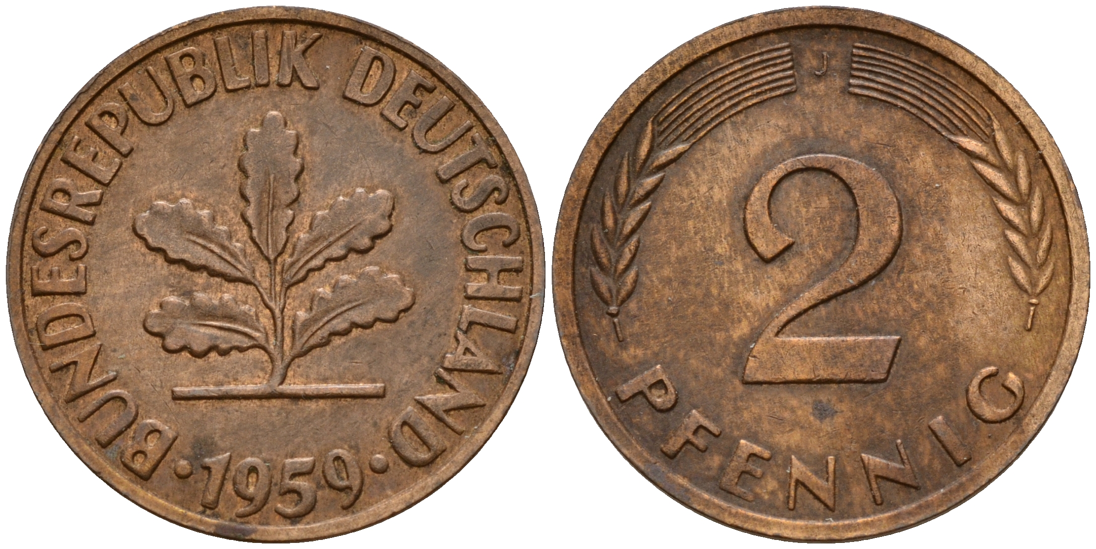 ФРГ 2 пфеннига 1959 J J.381  KM 106 бронза    4598-653