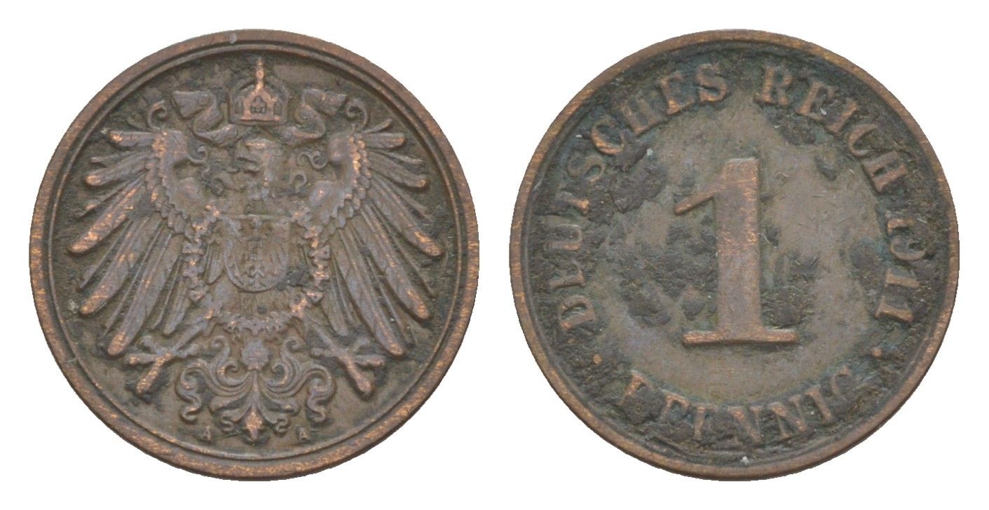 Германия 1 пфенниг 1911 A, Вильгельм II (1888-1918) KM 10, J. 10 медь 4639-1141
