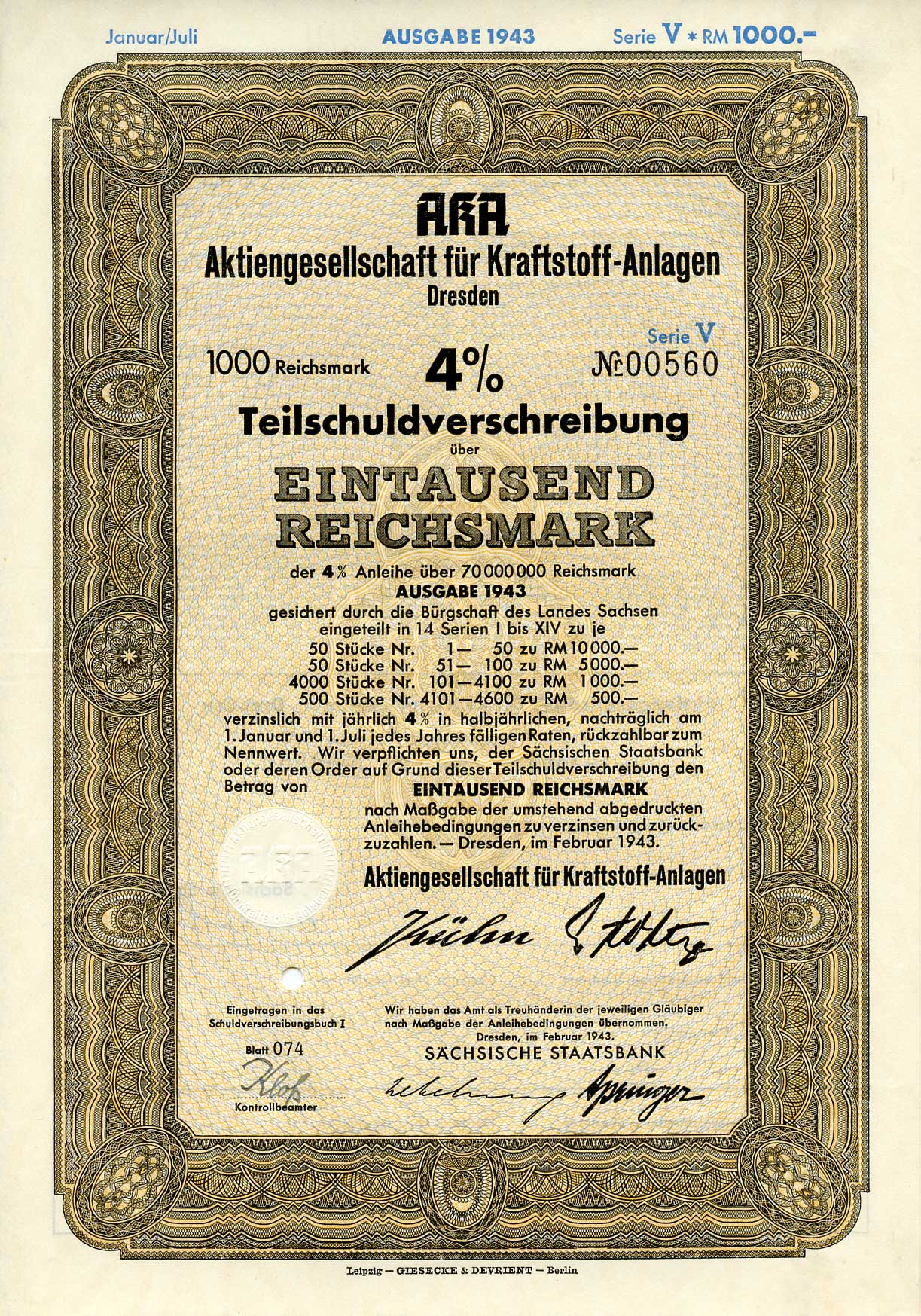 Германия 1000 рейхсмарок 1943 АО топливных заводов, Дрезден, также известное как AKA, 4%частичное обязательство, серия V, облигация   бумага   8802-56-1