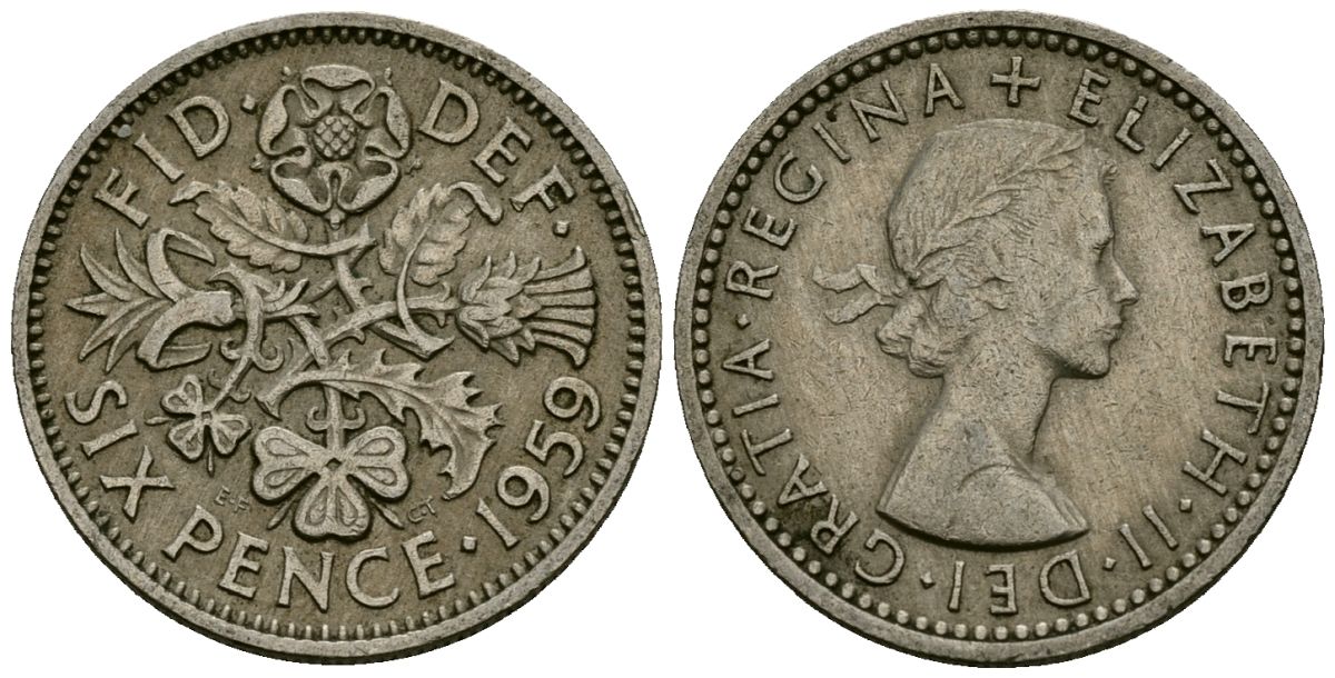 Великобритания 6 пенсов 1959 Елизавета II (1952-2022) KM 903, Spink 4149 медно-никель 4174-215