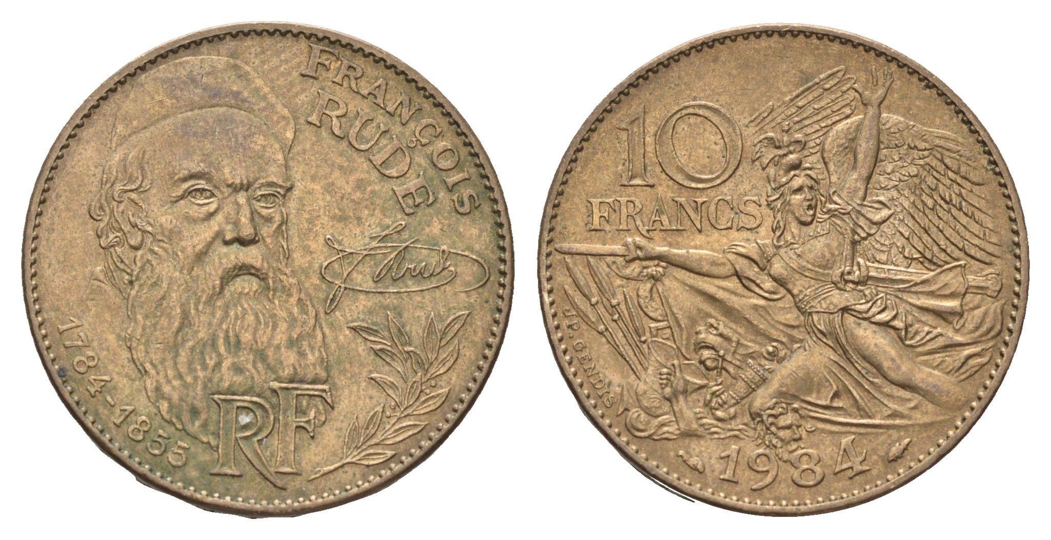 Франция 10 франков 1984 200 лет со дня рождения Франсуа Рюда KM 954 никель латунь    4660-252