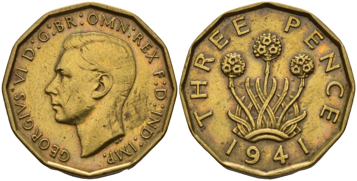 Великобритания 3 пенса 1941 Георг VI (1936-1952) KM 849, Spink 4112 никель латунь 4143-624