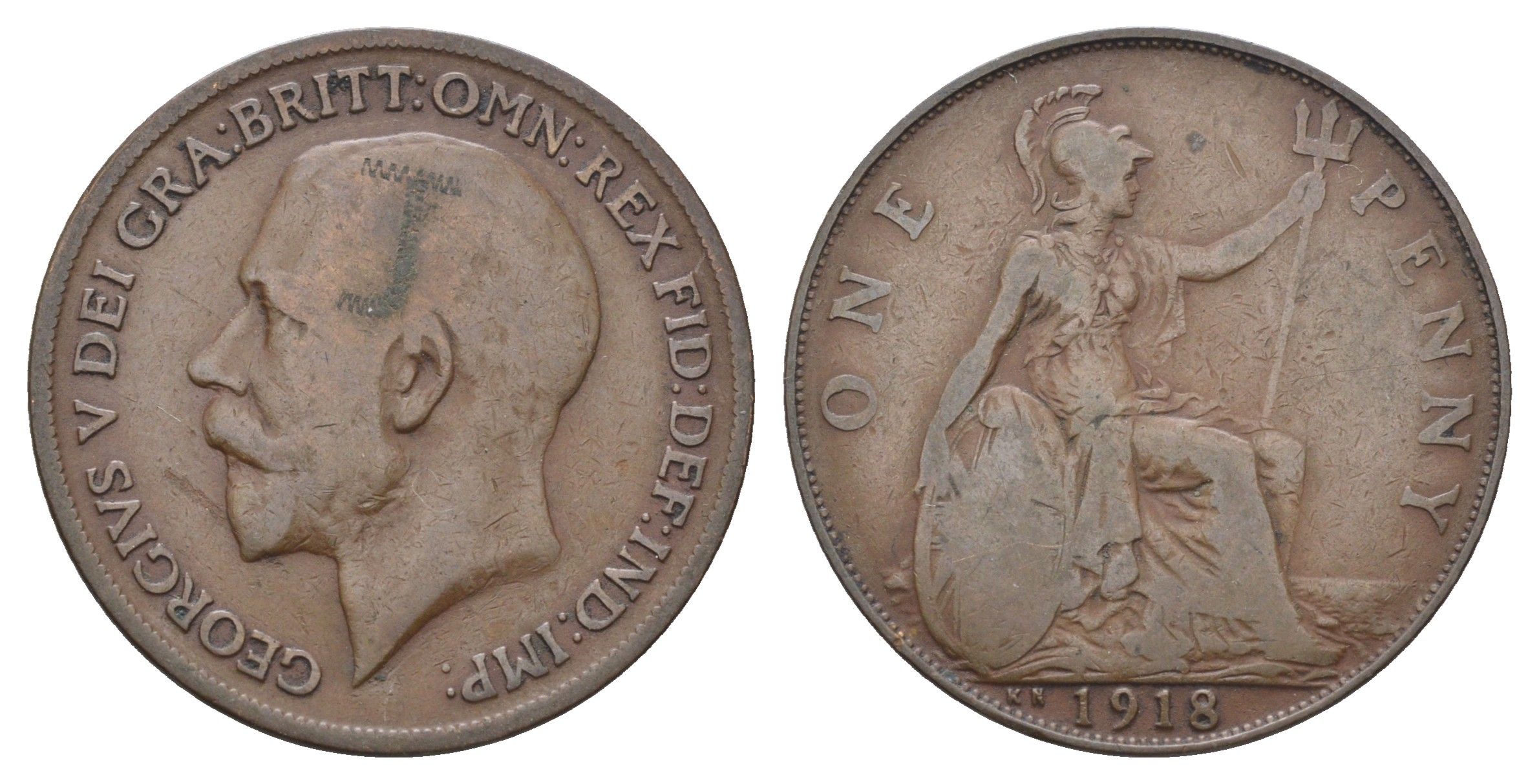 Великобритания 1 пенни 1918 KN, Георг V (1910-1936) KM 810, Spink 4053 бронза 4661-614