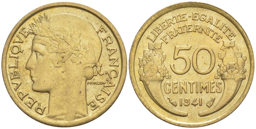 ФРАНЦИЯ 50 САНТИМОВ 1941 ТИП MORLON KM 894.1, LE FRANC 192.18 алюминиевая бронза 44-461