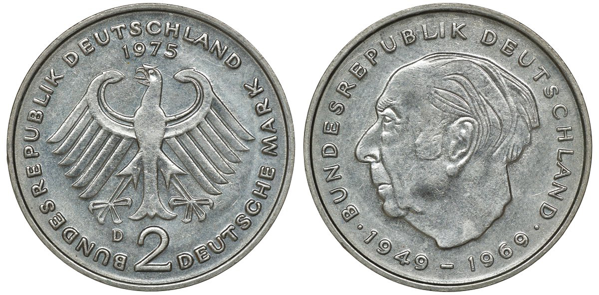 ФРГ 2 МАРКИ 1975 D, ТЕОДОР ХОЙС KM 127, J. 407 медно-никель плакированный никелем плакированный никелем UNC 72-551