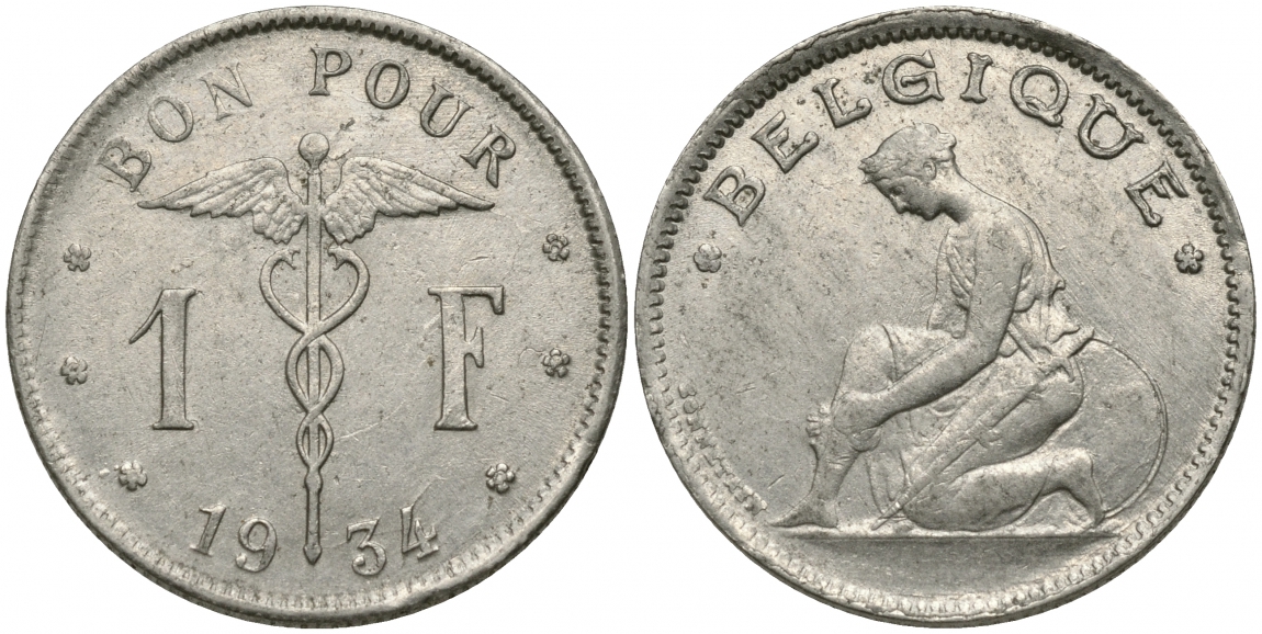 БЕЛЬГИЯ 1 ФРАНК 1934 BELGIQUE KM 89 никель 51-2131