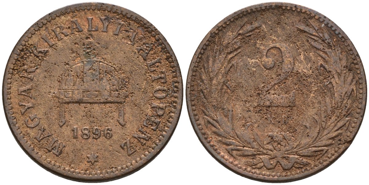 Венгрия 2 филлера 1896 KB, Франц Иосиф I (1848-1916) KM 481 бронза 4151-928