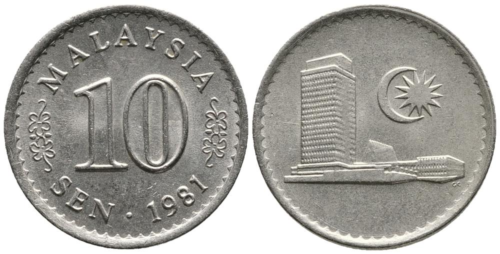 Малайзия 10 сенов 1981 здание Парламента KM 3 медно-никель 4549-659