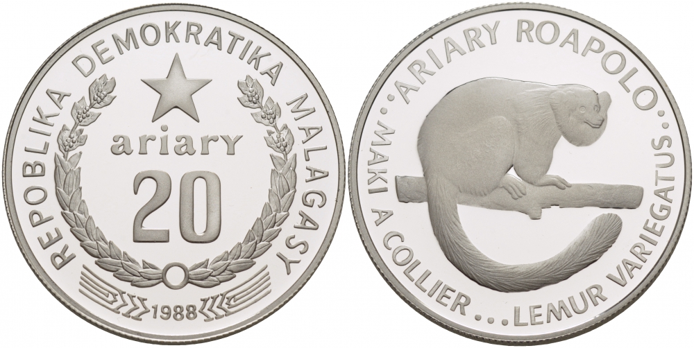 Мадагаскар 20 ариари 1988 серия 25 лет защиты окружающей среды KM 15 серебро PROOF 01-147-15