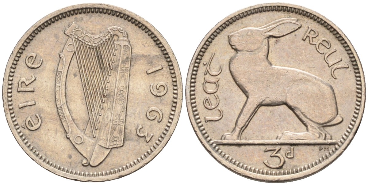 Ирландия 3 пенса 1963 заяц KM 12а медно-никель XF-UNC 4580-928