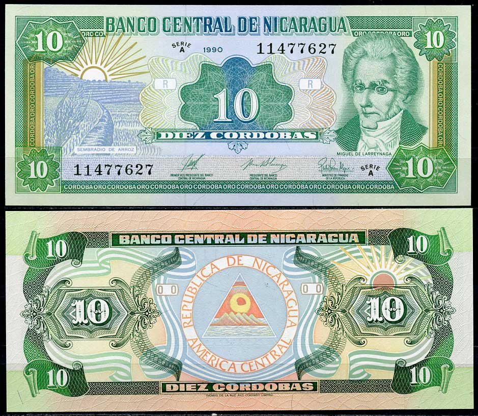 Никарагуа 10 кордоба 1990 Мигель Ларрейнага Pick 175 (2) бумага UNC (пресс) 447-92-3