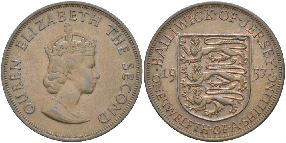 Джерси 1/12 шиллинга 1957 Елизавета II (1952-2022) KM 21 бронза 3996-513