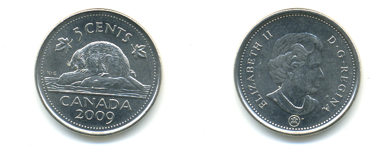 КАНАДА 5 ЦЕНТОВ 2009 БОБЕР KM 491 сталь плакированная никелем 177-1269