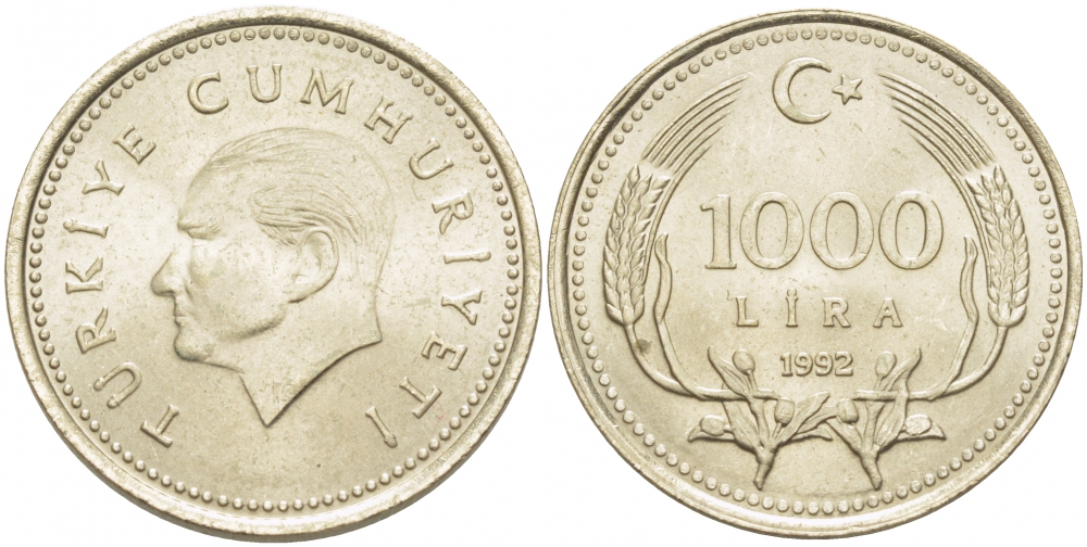 Турция 1000 лир 1992 Кемаль Ататюрк 1992 KM 997 медь никель цинк 4402-1036